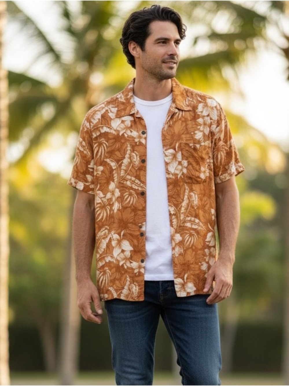 Panama Jack XL Rust Orange Floral Short-Sleeve Button-Down Shirt